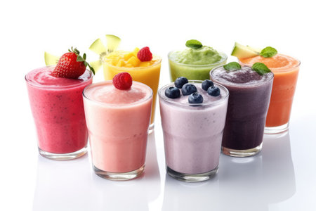 Colorful smoothies in glass isolated on white background. Healthy food concept.の素材