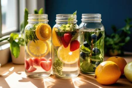 Detox water with fruits and berries in a glass jar on the windowsillの素材