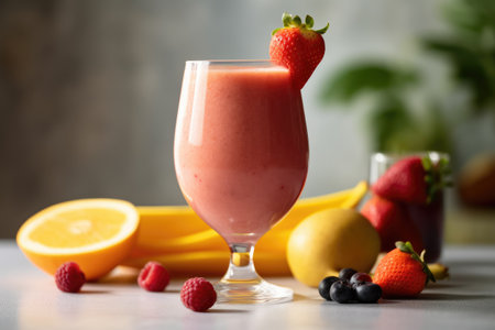 Strawberry smoothie with fresh fruits on light grey table, closeupの素材