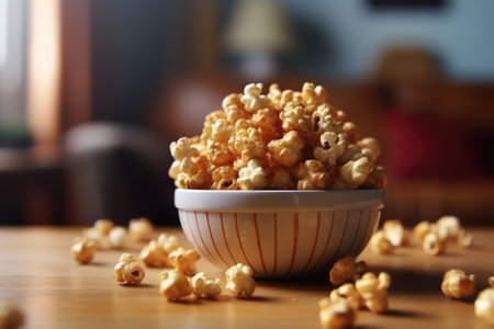 Bowl of popcorn on wooden table in living room, closeupの素材