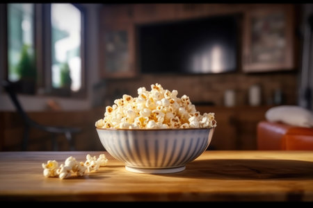 Popcorn in a bowl on a wooden table in the living roomの素材