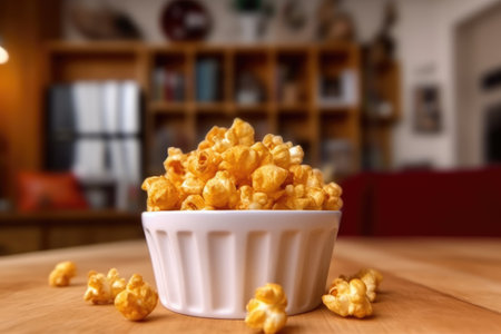 A bowl of popcorn on a wooden table in a cafe with a blurred backgroundの素材