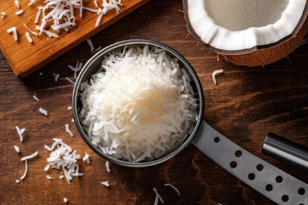 Coconut flakes and coconut flakes in a bowl on wooden backgroundの素材