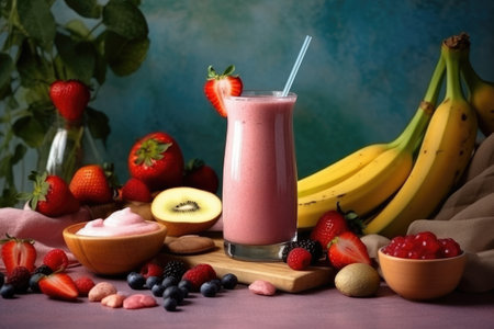 Fruit smoothies in a glass on a wooden background. Strawberry, raspberry, blueberry, kiwi, banana, strawberry.の素材