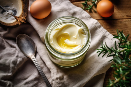 Homemade coconut butter in a glass jar on a wooden background.の素材