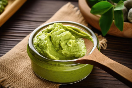 Spa still life with green hummus in bowl on wooden backgroundの素材
