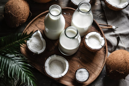 Coconut milk in a glass bottle on a wooden background.の素材