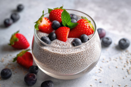 Chia seed pudding with fresh berries in glass on table, closeupの素材