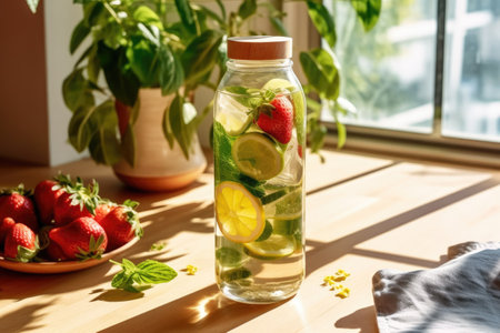 Detox water with lime, strawberry and mint in a glass jar on a wooden table.の素材