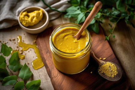 Spoon of turmeric powder in a glass jar on a wooden background.の素材