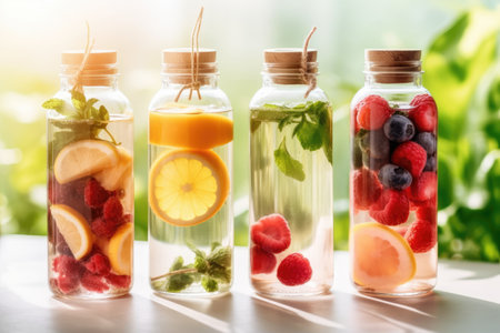 infused water with fruits and berries in glass bottles on white tableの素材