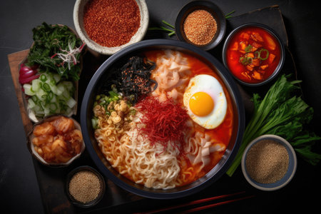 japanese ramen noodle with egg, kimchi and vegetablesの素材