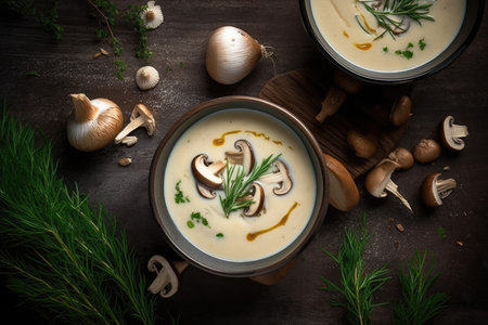 Creamy mushroom soup with ingredients on dark wooden background, top viewの素材