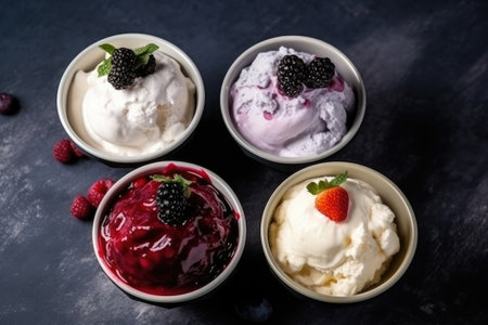 Ice cream with blackberry, raspberry and blueberry in bowls on dark backgroundの素材