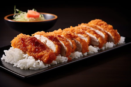 Japanese food, deep fried pork cutlet with rice on black plateの素材