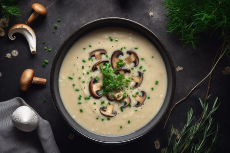 Mushroom cream soup with green onions and dill in a black bowl on a dark backgroundの素材