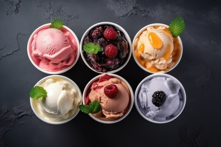 Various ice cream scoops in bowls on dark background, top viewの素材