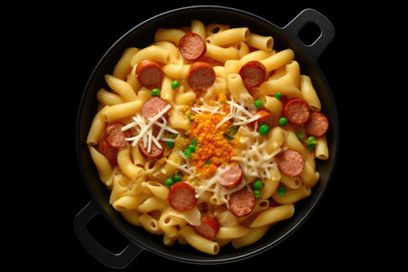Pasta with sausages and cheese in a pan on a black backgroundの素材