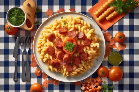Fusilli pasta with chorizo and tomato sauce on a tableの素材