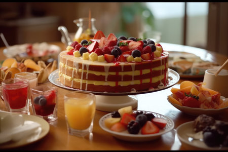 Delicious cake with fruits and berries on table in cafe, closeupの素材