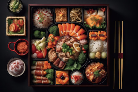 Japanese food in a bento box on a black background, top viewの素材