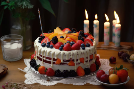 Birthday cake with berries and candles on the table. Selective focus.の素材