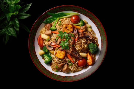 Asian style noodle soup with pork and vegetables on black background.の素材