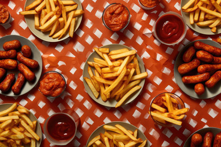 French fries and sausages in bowls with ketchup and mustardの素材