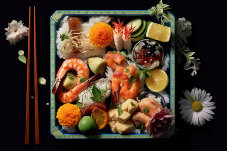 Japanese food set on black background. Sushi, nigiri, nigiri, nigiri.の素材