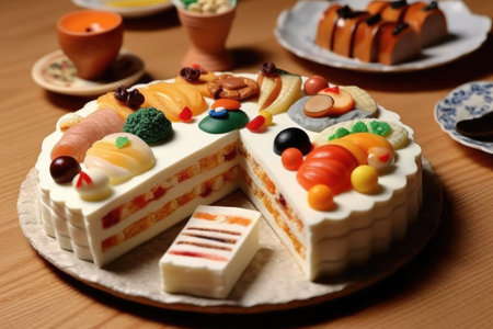 Fruit cake on wooden table, close up. Dessert conceptの素材
