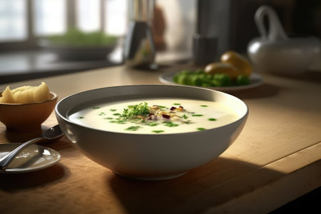 Bowl with tasty potato soup on table in kitchen, closeupの素材