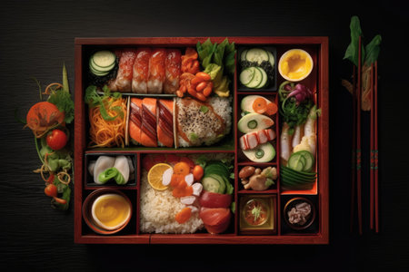 Japanese food in a wooden box on a black background, top view