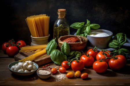 Pasta ingredients on rustic wooden table. Selective focus. Toned.の素材