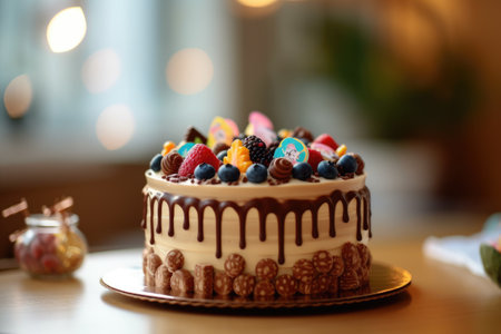 Birthday cake with berries on table in cafe, closeup viewの素材