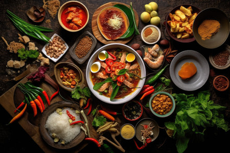 Spicy Thai food in black bowl on wooden table with ingredients.の素材