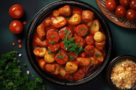 Stewed potatoes with tomato sauce and parsley on a dark backgroundの素材