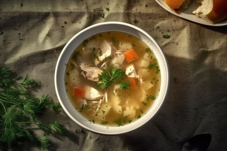 Chicken soup with noodles and vegetables in a bowl on the table.の素材