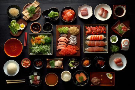 Japanese food. Sashimi, sashimi, uramaki, nigiri, sushi and rolls on black wooden background. Top view.の素材