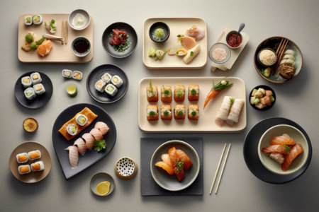 Sushi set on gray background, top view. Japanese food conceptの素材