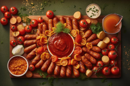 Fried sausages with tomato sauce on a wooden board.の素材