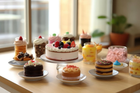 Delicious desserts on table in cafe, closeup. Food delivery serviceの素材