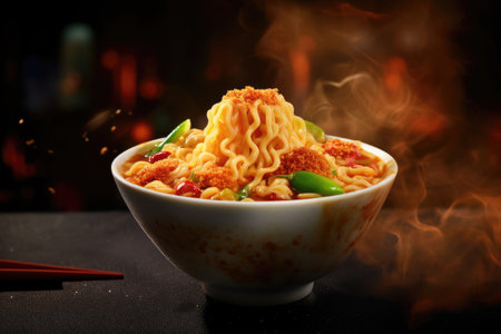 Bowl of chinese noodle with chopsticks on dark backgroundの素材