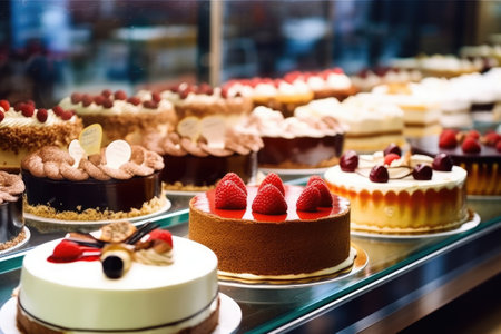 Variety of cakes on display in a shop window. Selective focus.の素材