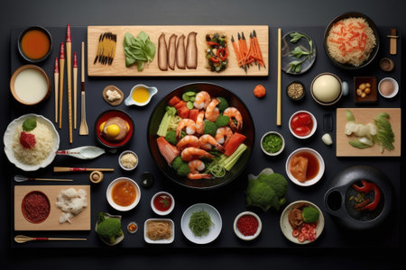 Japanese food set on black background. Top view. Flat lay.の素材
