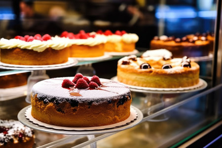 Different types of cakes in a shop window. Selective focus.の素材