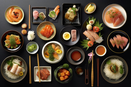 Japanese food set on a black background. Top view, flat layの素材