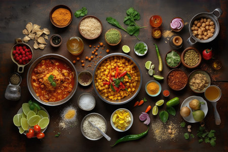 Assorted Indian food in metal bowls over wooden background. Top viewの素材