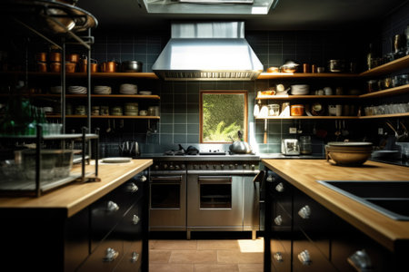 Interior of a modern kitchen with black walls and wooden countertopsの素材