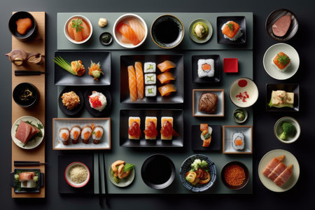 Japanese cuisine. Sushi set on black background. Top view.の素材