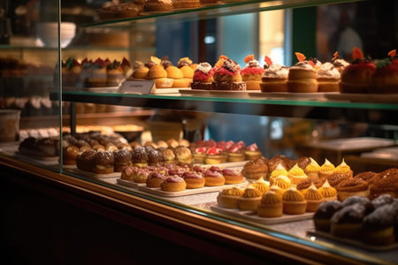 Assortment of pastries on display in a bakery shop window.の素材